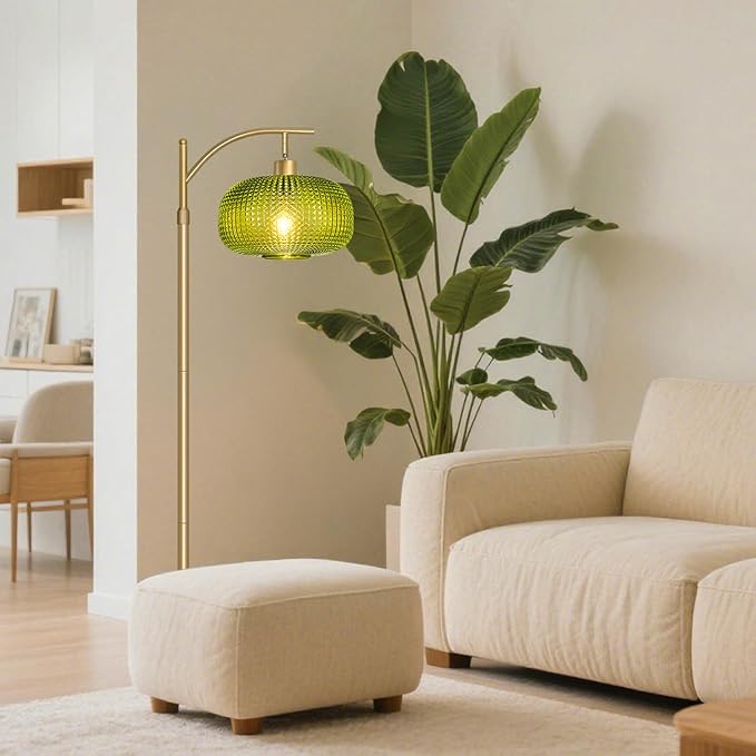 Modern Floor Lamp for Living Room, Mid Century Tall Standing Lamp Green Glass Lamp Shade, Dimmable Gold Tall Pole Lamp for Bedroom Office with Remote, 1 x 12W LED Edison Bulbs Included