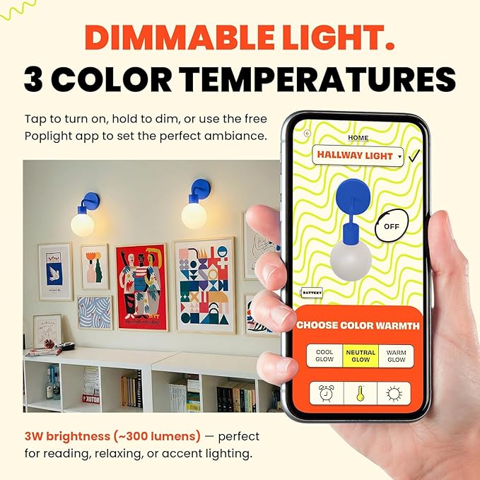 Wireless Wall Sconce (Shark Tank) Rechargeable & Dimmable LED Light w/App Control & Damage-Free Install, Moveable Modern Ambient Lighting for Elegant Home & Bedroom Decor | Blue