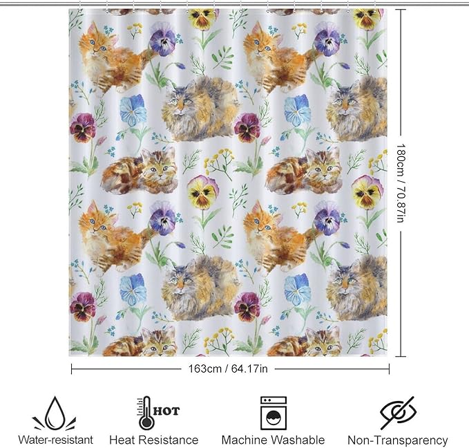 Cat Shower Curtain,Cute Cartoon Colorful Pets Paw Bathroom Curtain Polyester Waterproof Fabric Decor 66x72in（168x183cm）