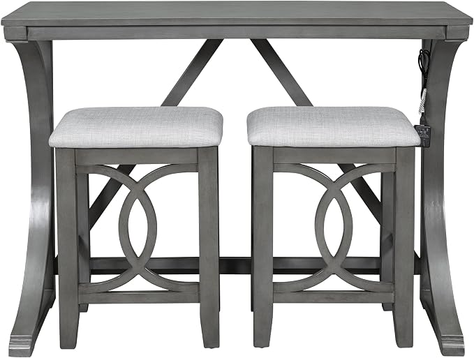 VilroCaz Farmhouse 3-Piece Counter Height Dining Table Set with USB Port and 2 Upholstered Stools, Rustic Dining Set Bar Set for Dining Room Kitchen (Gray-R)