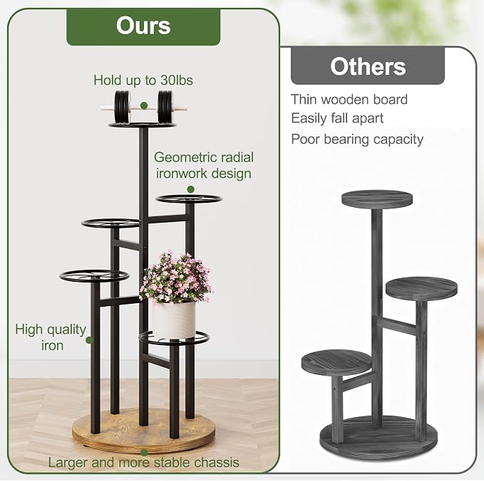 5 Tier Plant Stand Indoor Outdoor,Tiered Plant Stands,Wood Plant Shelf for Multiple Plants, Wrought Iron Flower Stand, Tall Plant Rack Shelf for House Patio Garden - BlackKite