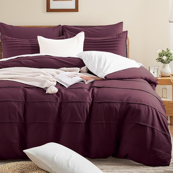 NEXHOME PRO 100% Organic Cotton Duvet Cover California King Size, Linen Like Pleated Textured Burgundy Bedding Set, 3pc Bedding Set with Zipper Closure, Soft,104"x98", No Comforter