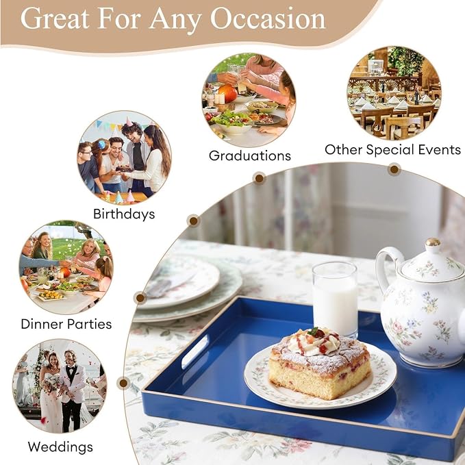 Decorative Tray, Rectangular Plastic Tray with Handles, Modern Vanity Tray and Serving Tray for Bathroom, Kitchen, Ottoman and Coffee Table, 15.6” x 10.2” (Drak Blue)