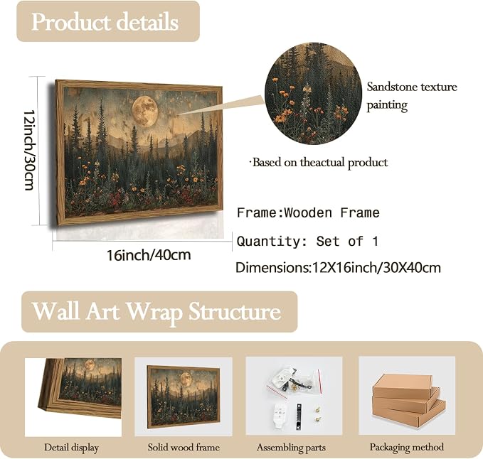 Vintage Nature Forest Wall Art Dark Moon Landscape Painting Wall Decor Woodland Picture Artwork 3D Textured Hand Drawn Sandstone for Farmhouse Bedroom Living Room 12x16 inch Wood Framed