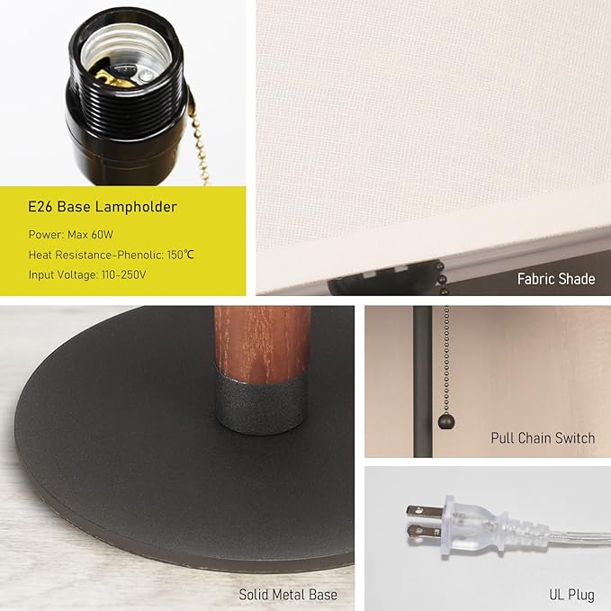 21" Modern Bedside Lamp Mid Century Table Lamp, Pull Chain Nightstand Lamp for Bedroom Living Room 3-Color Light, Solid Wood/Metal/Fabric for Home/Office/Desk Decor (Off White+Sand Black)