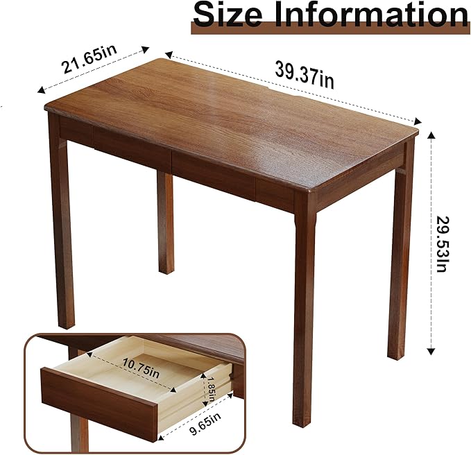 Solid Wood Desk with Drawers - 39 x 22 Inch Vintage Desks, Mid Century Modern Desks, Rubber Wood Study Table, Writing Desk with Drawers for Bedroom|Any Spaces - Walnut Color