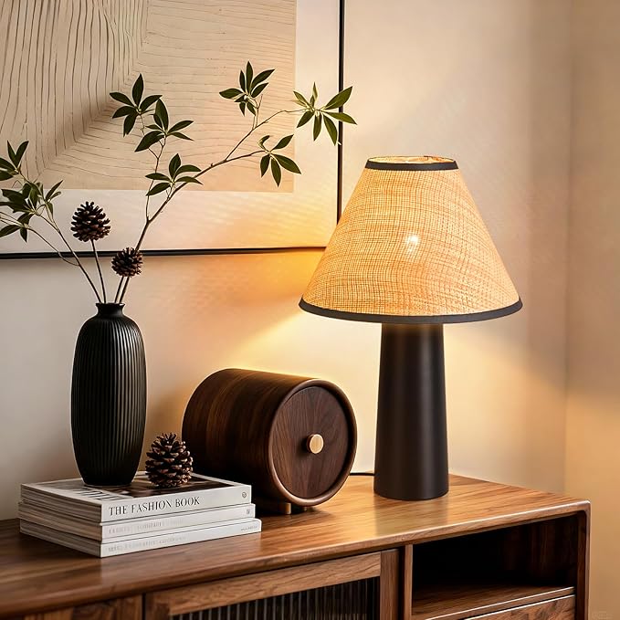 Matte Black Rattan Table Lamp for Bedroom, Modern Wicker Lamps for Bedside Nightstand, Small Table Rattan Shape Lamps for Small Spaces for Kitchen Counter, Home Office, Living Room, Kids Dorm