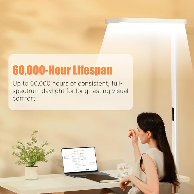 Pure Light Floor Lamp 9500LM Full Spectrum, 4000K Natural Daylight Eye-Care Reading Light, Dimmable 100W Standing Lamp with Motion Sensor for Home Office, 60000+ Hours