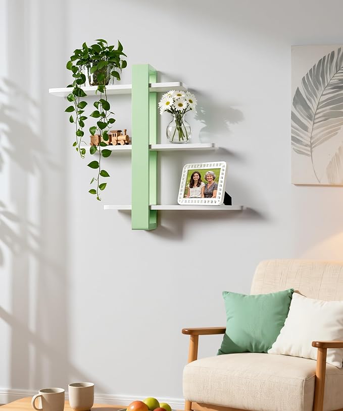 SUMGAR Green Floating Shelves for Wall Mounted Shelving Unit All Pine Wood 3 Tier Large Shelf for Bedroom Living Room Office Bathroom Home Decoration Storage Plant Photo Display Modern 20in Mint Green