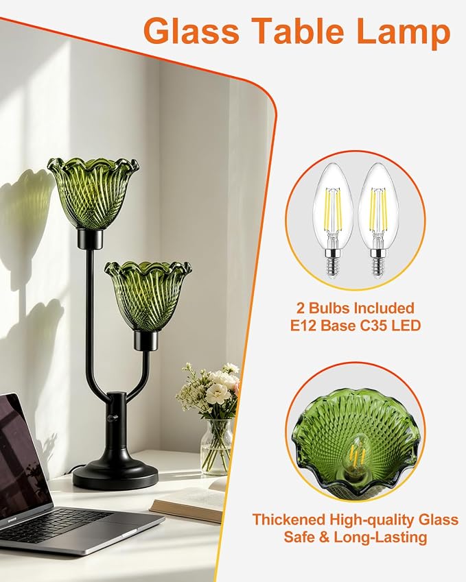 Lightdot Green Glass Flower Table Lamp for Bedroom Dimmable Mid Century Modern Vintage Desk Lamp Black Nightstand Lamp 2 Bulbs Included Warmwhite Ambient Bedside Lamp for Living Room Home Office Decor
