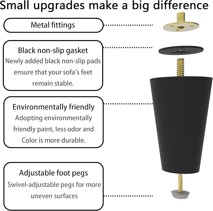 Round Solid Matte Black Rubberwood Replacement Sofa Chaise Lounge Ottoman Coffee Table Cabinet Furniture Wooden Legs Solid Wooden Furniture Legs (4-Inch Set of 4)