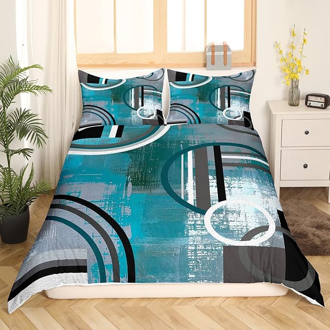 Teal Blue Green Gray Duvet Cover Full,Grunge Oil Painting Style Bedding,Modern Geometric Swirls Comforter Cover,Abstract Circles Square Pattern Bedspread Cover with Zipper& Ties Bedroom Decor