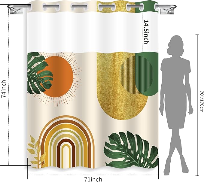 No Hook Shower Curtain,Orange and Green Plant,Rustic Farmhouse,Modern Geometric Sun,Mid Century Shower Curtains with High Visibility Window,White Lining is Detachable,71x74inch
