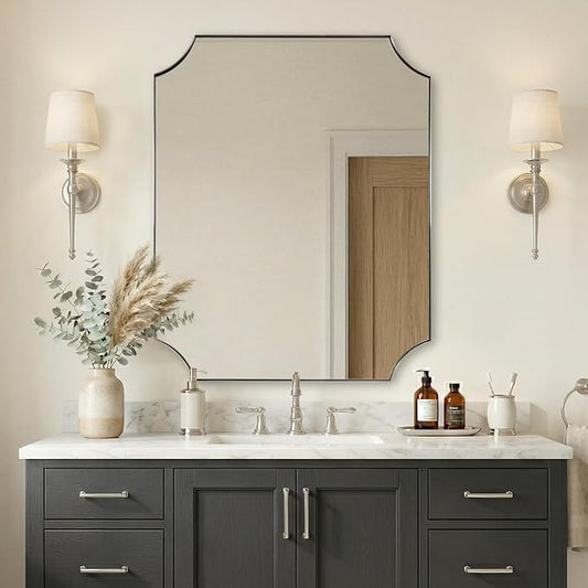 ANDY STAR 24"x30" Brushed Nickel Vanity Mirror, Scalloped Rectangle Mirror, Silver Wall Mirror in Rustproof Stainless Steel Thin Frame, Aesthetic Scalloped Corners, Designed for Bathroom Remodel