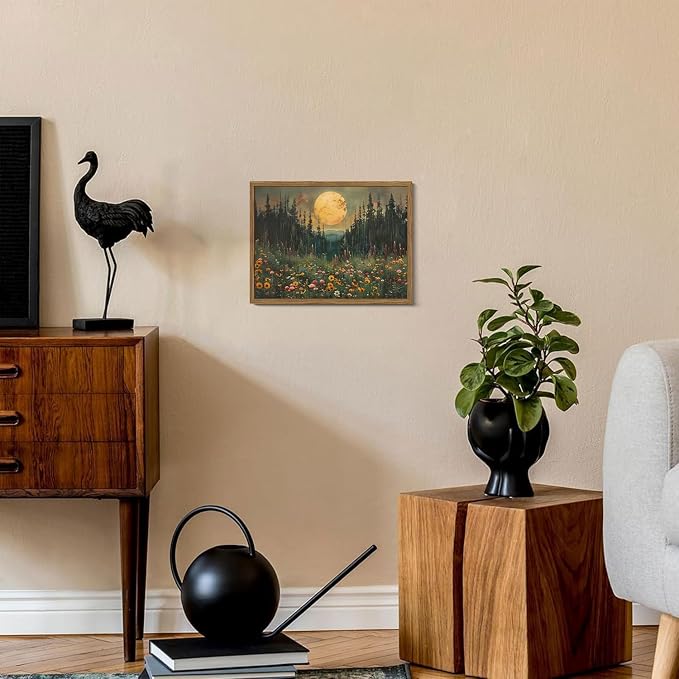 Vintage Forest Moon Wall Art, Nature Pine Tree Woodland Wall Decor Paintings, Dark Cottagecore Landscape 3D Textured Hand Drawn Sandstone Artwork for Bedroom Living Room 16x24 inch Wood Framed
