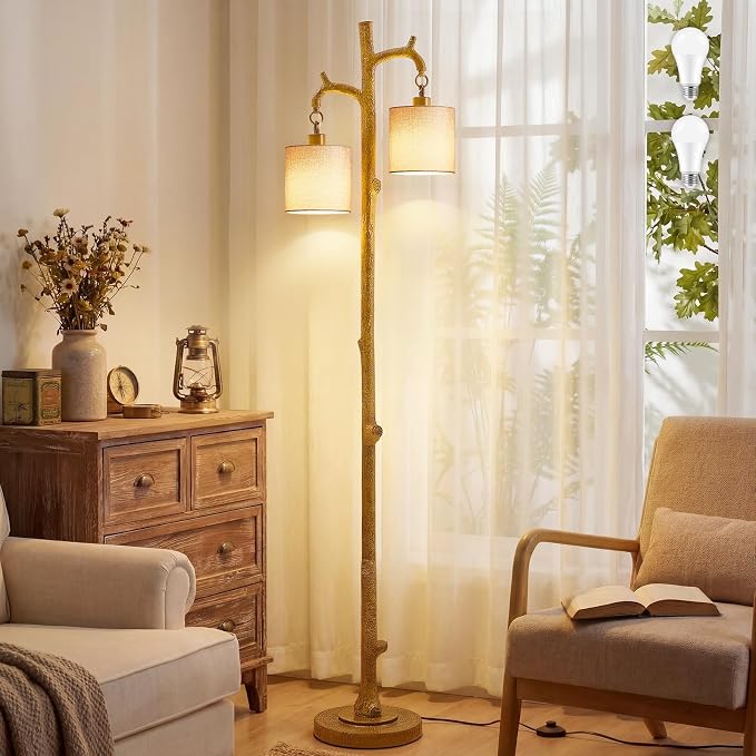 EJIAXIN Farmhouse Floor Lamp for Living Room - 69" Rustic Tree Trunk Standing Lamps - Country Resin Tall Lamp with 2 Reading Light - Tree Floor Lamp for Bedroom Office Home Decor (Ginger)