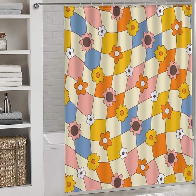 Hippie Floral Shower Curtain for Bathroom,Rustic Orange 70s Floral Flower Checkboard Groovy Cute Aesthetic Funky Trippy Vintage Waterproof Fabric Shower Curtain Set with Hooks, 72"x72"
