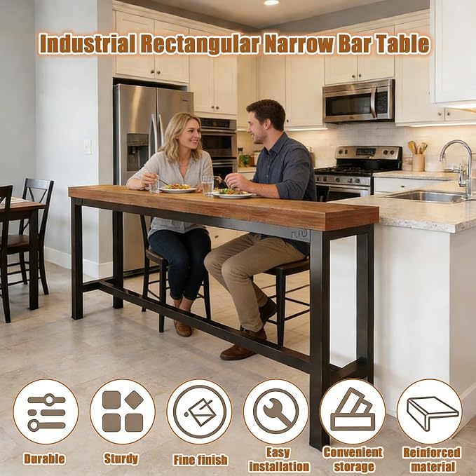Narrow Bar Table for Small Spaces Industrial Rectangular Counter Height Table Retro Brown Wood Panel & Black Metal Frame Breakfast Bar Table for Apartments, Kitchen, Entryway Brown L39.4×W15.7×H41.3in