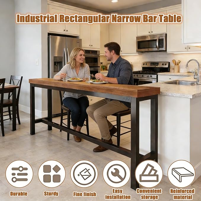 Narrow Bar Table for Small Spaces Industrial Rectangular Counter Height Table Retro Brown Wood Panel & Black Metal Frame Breakfast Bar Table for Apartments, Kitchen, Entryway Brown L47.2×W15.7×H41.3in
