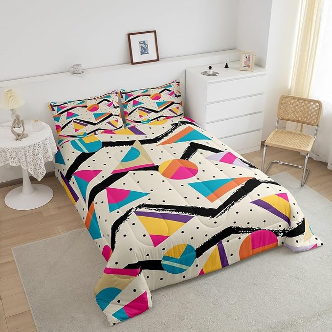 Manfei Memphis Comforter Set King Size, Retro 80s or 90s Fashion Style Bedding Set 3pcs for Kids Boys Girls, Geometric Triangle Circle Quilt Set Soft Polyester Duvet Set with 2 Pillowcases