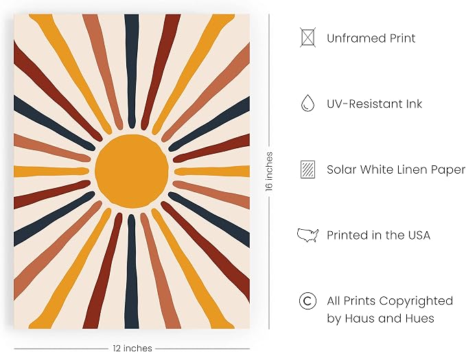 HAUS AND HUES Mid Century Modern Sun Wall Art - Minimalist Yellow Sun Print with Rainbow Rays, Modern Boho Art, Unframed 12x16