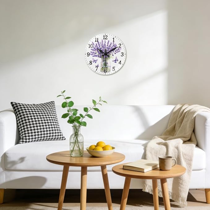 peacoblue Wall Clocks Battery Operated 12 Inch Lavender with Butterflies 12" Glass Round Wall Clock Non Ticking for Kitchen Living Dining Room Bedroom and Bathroom Decor (Battery not Included)