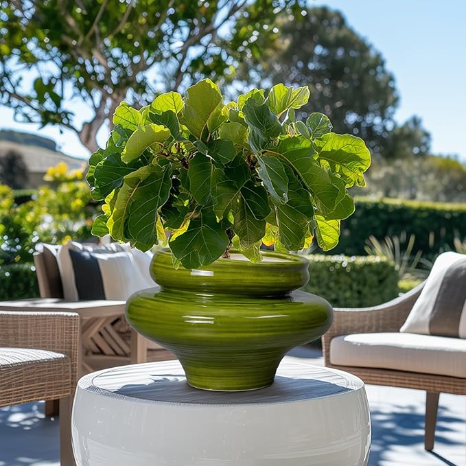 Ceramic Planters for Indoor Plants 11 Inch - Bonsai Plant Pots Outdoor, Large Planters for Indoor Plants, Green Planter with Drainage Hole, Flower Pot for Garden Decor, Gift for Women Men
