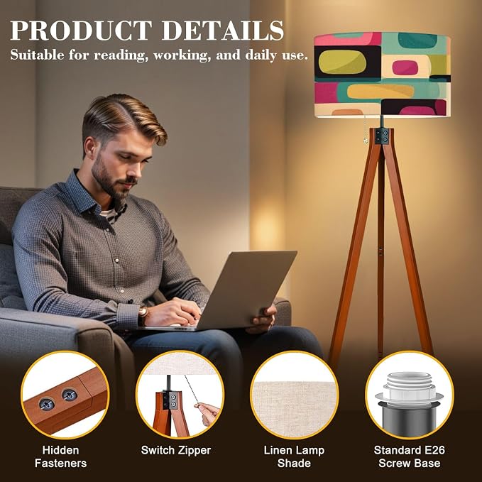Wood Tripod Floor Lamp mid Century Style Seamless Mid Century Standing Lamp Linen Shade Dimmable Modern Tall lamp Home Decor for Living Room Bedroom Office