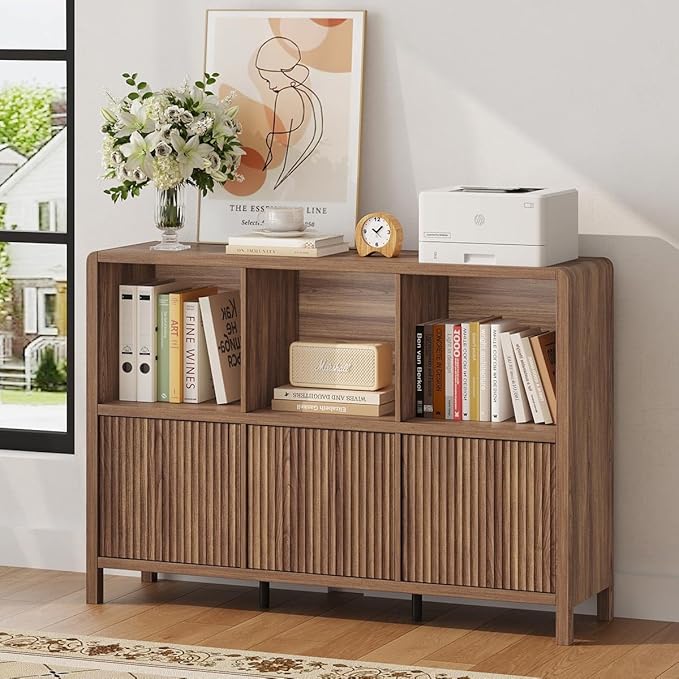 FATORRI 6 Horizontal Bookcase with 3 Doors, Low Farmhouse Cube Storage Organizer, Wood Bookshelf for Home Office, Bedroom, Living Room (Walnut)
