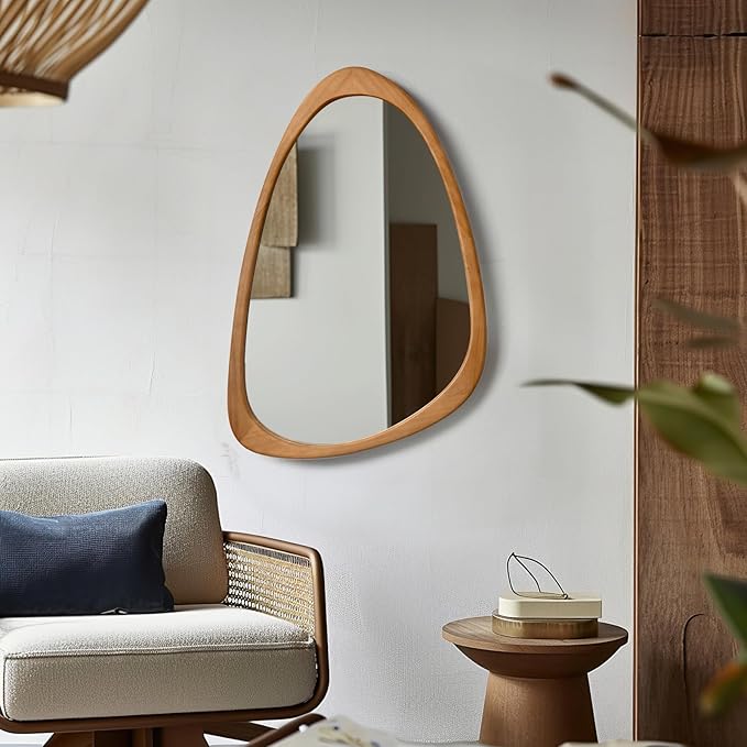 sawsile Irregular Wall Mirror for Bathroom,Wood Asymmetrical Rustic 19.5 x 30.5 inch Farmhouse Vanity Unique Walnut Decorative Large Mirror for Entryway,Bedroom,Living Room,Washroom