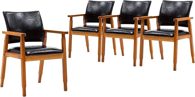 NOBPEINT Mid-Century Dining Side Chair with Faux Leather Seat in Black, Arm Chair in Walnut,Set of 4