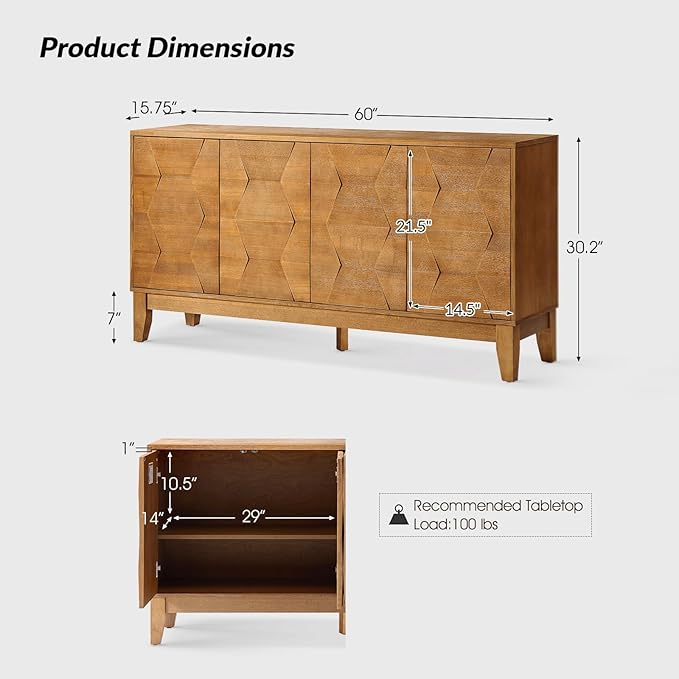 HULALA HOME Mid Century Sideboard Buffet Cabinet with Solid Wood Legs, 60" Kitchen Storage Cabinet Credenza with 4 Doors and 2 Shelves, Accent Console Table (Seadrift)