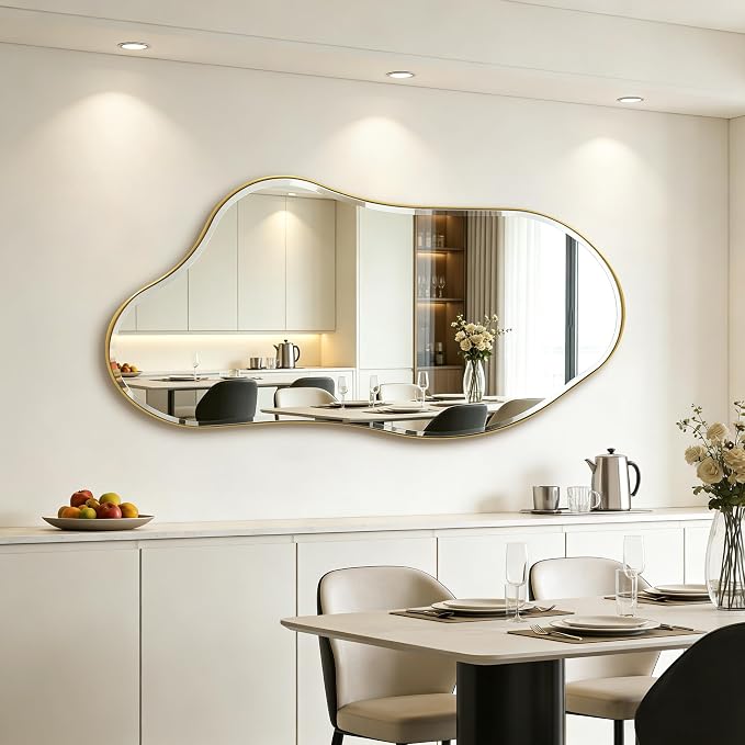 POZINO Large Irregular Beveled Mirror, 63"x31.5" Asymmetrical Wall Mirror with Gold Metal Frame, Organic Shaped Mirrors for Living Room Bedroom Bathroom Hallway Entryway, Horizontal/Vertical