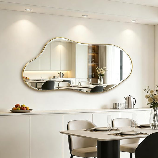POZINO Large Irregular Beveled Mirror, 63"x31.5" Asymmetrical Wall Mirror with Gold Metal Frame, Organic Shaped Mirrors for Living Room Bedroom Bathroom Hallway Entryway, Horizontal/Vertical
