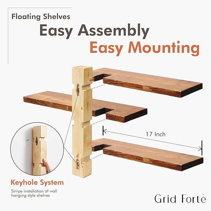 GRID FORTE Wood 3 Tier Floating Shelf, Large Minimalist Wall Shelves, Mid Century Modern Furniture, Art Deco, Plant Rock Crystal Shelving for Bedroom Living Room Office Bathroom