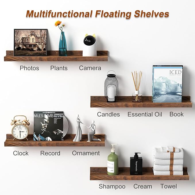 Floating Shelves for Wall, Solid Pine Wood Floating Shelf with Lip for Bedroom, Living Room, Kitchen, 16 Inch Wall Mounted Storage Shelves for Room Decor Organizers Set of 4 (Walnut, 4Pack 16inch)