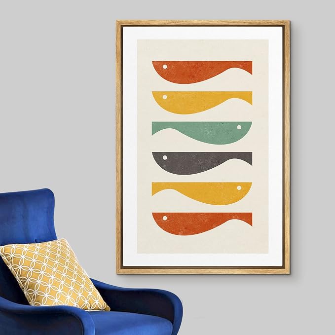 Woodrose Framed Canvas Print Wall Art Ocean Fish Nordic Silhouette Variety Animals Shapes Illustrations Modern Minimalist Chic Relax/Calm Multicolor for Living Room, Bedroom, Office - 24"x36" Natural