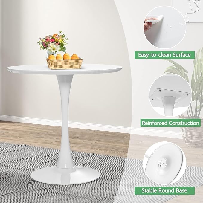 31.5 Inch Modern White Round Dining Table for 2-4 Person, Mid-Century Tulip Table with MDF Tabletop and Pedestal Base for Small Space Kitchen Dining Room