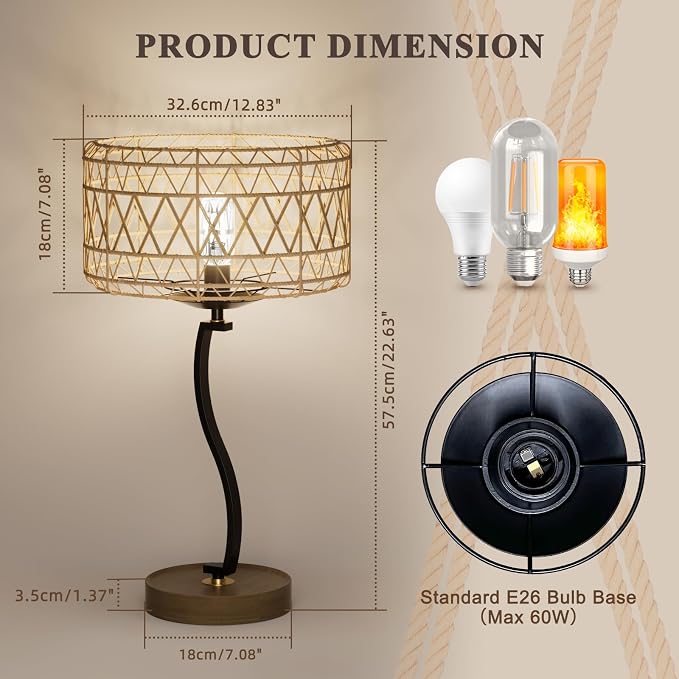 N11-2 Large Rattan Boho Table Lamp, 23" Bohemian Decor Light with USB-A & Type-C Charging Ports, Touch Control 3-Way Dimmable Farmhouse Lamp for Nightstand, Bedroom, Living Room(Bulb Included)