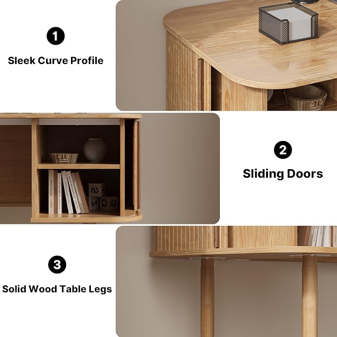 MAISONARIA 55" Modern Writing Desk with Storage, Wood Home Office Desk with Sliding Doors, Computer Desk for Home Office, Dorm, Living Room, Home Study Table, Natural