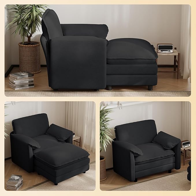 Oversized Chaise Lounge Chair Indoor with Ottoman, Firm Solid Wood Frame with Long Service Life Chenille Oversized Lounge Reading Chair for Study Room - Black