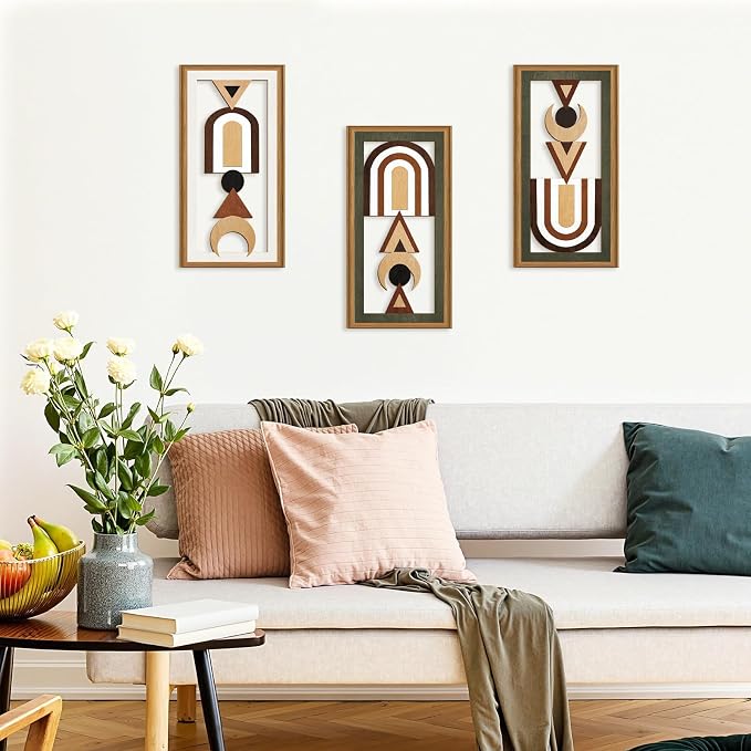 Ausril Geometric Aztec Wall Art,Minimalist Boho Geometric Wall Decor,Abstract Bohemian Wood Decor,Natural Modern Artwork,Mid Century Line Art Set,Modern Geometry Artwork for Living Room Bedroom Office