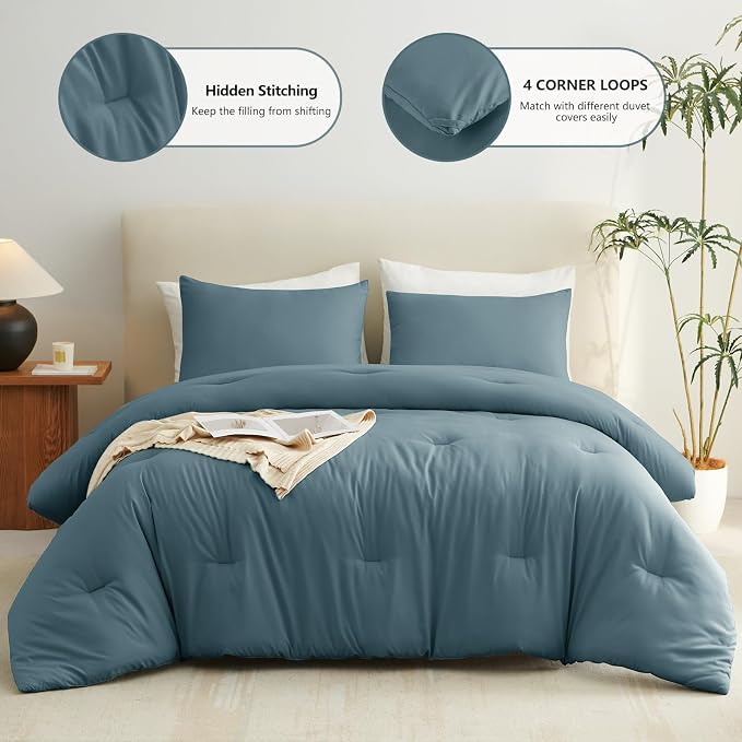 CozyLux California King Comforter Set Mineral Blue, 3 Pieces Cal King Lightweight Down Alternative Quilted Bedding Sets, All Season Breathable Solid Comforter with 2 Pillowcases, Bed Set Gift for Home