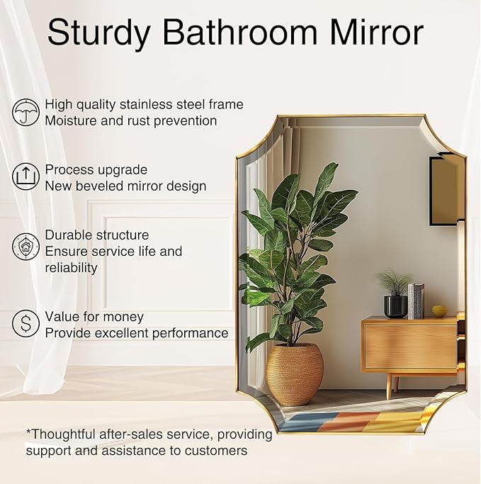 POZINO Brushed Gold Beveled Mirror, 22"x30" Brass Bathroom Vanity Mirror for Over Sink, Modern Rounded Rectangle Mirrors for Bedroom Living Room Fireplace Entryway, Hangs Horizontal Or Vertical