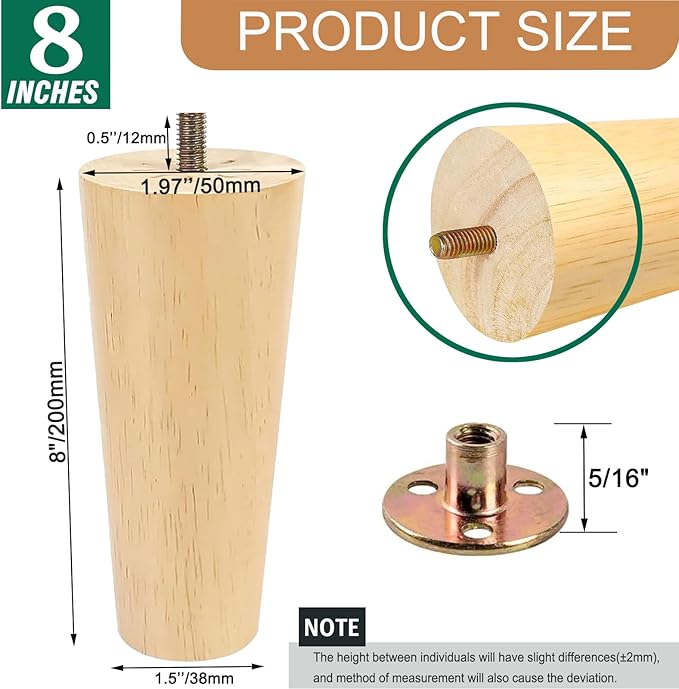 8 Inches Furniture Legs Round Solid Wood Sofa Legs Replacement Legs for Cabinet Vanity Couch Chair Dresser Pack of 4