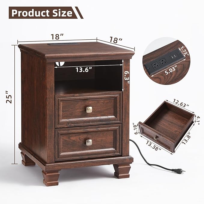 Farmhouse Nightstand Set of 2 with Charging Station, Rustic Brown Nightstand, 2 Drawers End Table, Bedside Table with Open Shelf for Bedroom, Walnut