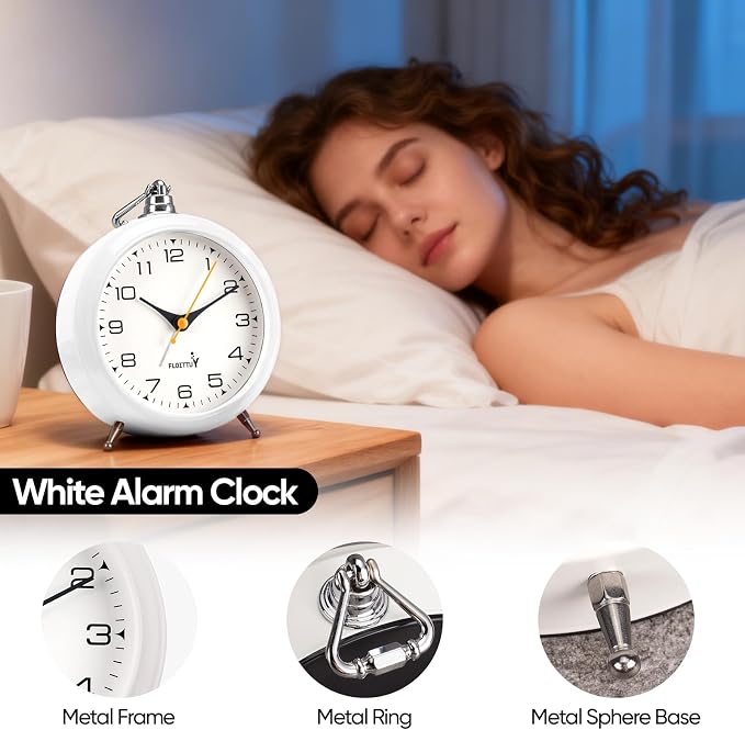 FLOITTUY 4.5" Battery Operated Antique Retro Analog Metal Alarm Clock, Silent Bedside Desk Clock, Wall-Hanging Vintage Clock(White)