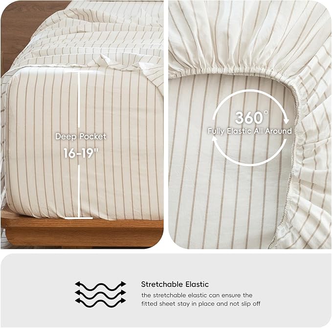 MooMee Striped Sheet Set 100% Washed Cotton Linen Like Textured Breathable Durable Soft Comfy (White Tannish Linen Grey Wide Stripes, King)