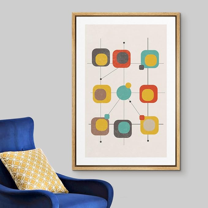Woodrose Framed Canvas Print Wall Art Geometric Retro Color Block Variety Abstract Shapes Illustrations Modern Minimalist Chic Relax/Calm Multicolor for Living Room, Bedroom, Office - 16"x24" Natural