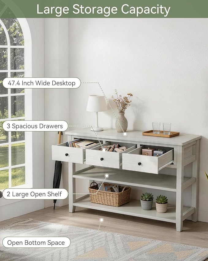 Karl home Console Table Entryway Desk, Sofa Side Table with 3 Drawers 2 Bottom Storage Shelves, Vintage TV Stand for Hallway Living Room Office, Antique White 29.9" H
